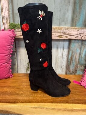 Betsey Johnson Baylor Embroidered Tall Boots Black Size 10